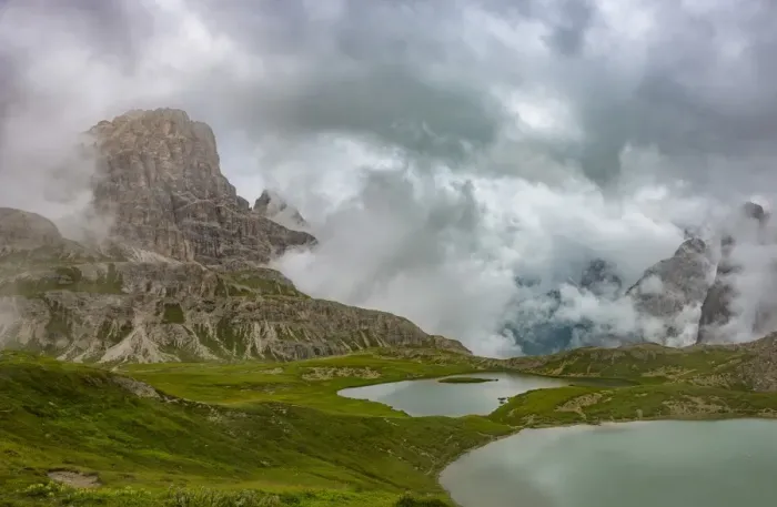 Framed Print : Piani lakes and Scarpieri peak on a foggy and cloudy day, Dolomites, Alto Adige district Framed Print : Piani lakes and Scarpieri peak on a foggy and cloudy day, Dolomites, Alto Adige district