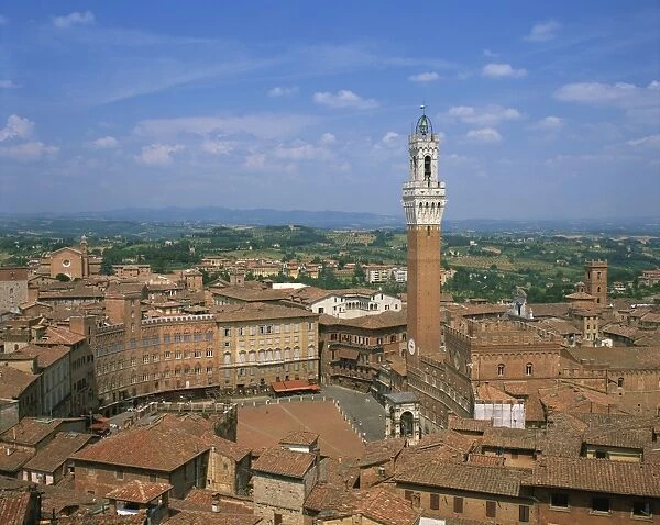 The Piazza del Campo and houses on the skyline of the town of Siena, UNESCO World Heritage Site