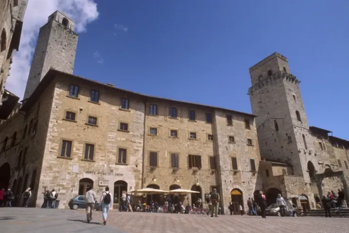Framed Print : Piazza della Cisterna and Devils tower on right Framed Print : Piazza della Cisterna and Devils tower on right