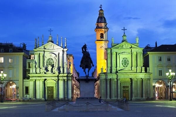 Piazza San Carlo as the floodlights come on at dusk, Turin, Piedmont, Italy, Europe