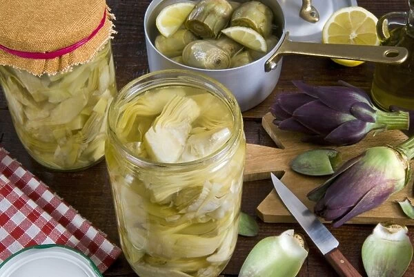 Pickled artichokes in a jar, Italy, Europe