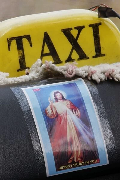 Picture of Jesus in a taxi, Togoville, Togo, West Africa, Africa