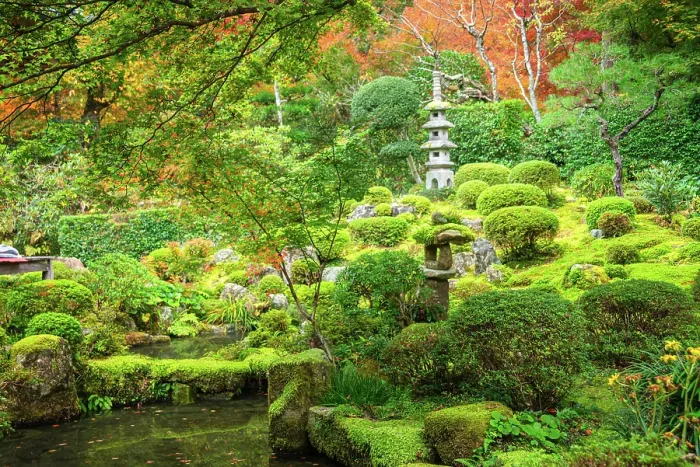 Framed Print : Picturesque view of mossy mounds, stone accents, and tranquil pond in Shuheki-en Garden near Sanzen-in Temple, Kyoto, Honshu, Japan