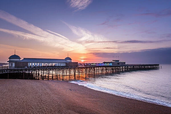 The pier at Hastings at sunrise, Hastings, East Sussex, England, United Kingdom, Europe