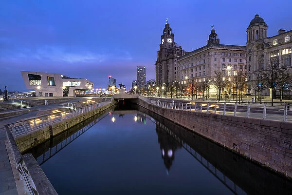 The Pier Head at dawn, Liverpool Waterfront, Liverpool, Merseyside, England, United Kingdom, Europe