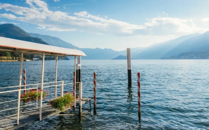Framed Print : Pier overlooking beautiful Lake Como in summer, Lombardy, Italian Lakes, Italy, Europe