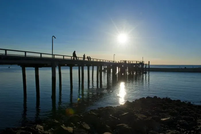 Framed Print : Pier at sunset at Fraser Island, UNESCO World Heritage Site, Queensland, Australia, Pacific