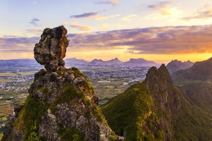 Framed Print : Pieter Both and Le Pouce mountain lit by the african sunset, aerial view, Moka Range Framed Print : Pieter Both and Le Pouce mountain lit by the african sunset, aerial view, Moka Range