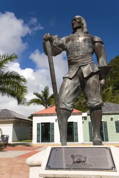 Framed Print : Pieter Stuyvesant statue, Whathey Pier, Philipsburg, St Framed Print : Pieter Stuyvesant statue, Whathey Pier, Philipsburg, St
