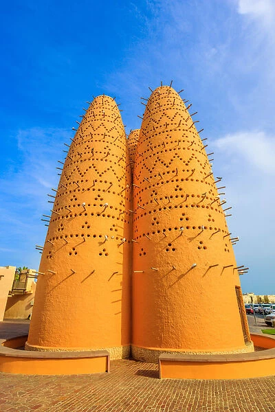 Pigeon towers and blue sky near Mosque in Katara, a cultural village (Valley of Cultures)
