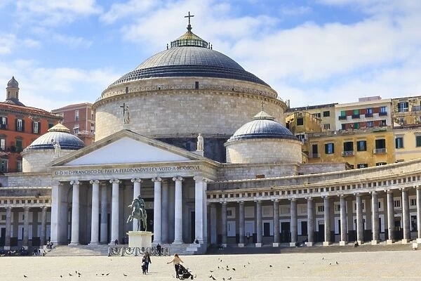 Pigeons and people in the Piazza del Plebiscito with the Basilica di San Francesco di Paola