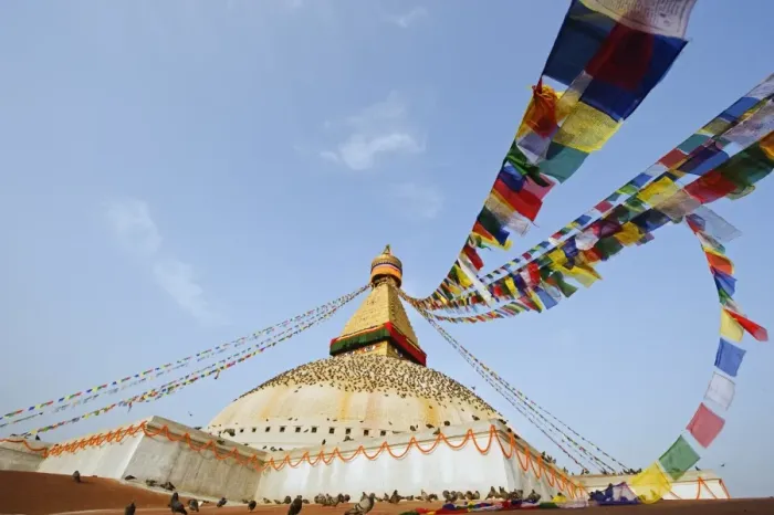 Framed Print : Pigeons and prayer flags on Boudha Stupa (Chorten Chempo), Boudhanath, Kathmandu Framed Print : Pigeons and prayer flags on Boudha Stupa (Chorten Chempo), Boudhanath, Kathmandu