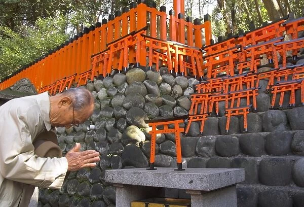 Pilgrim praying at altar with miniature orange toriis in background