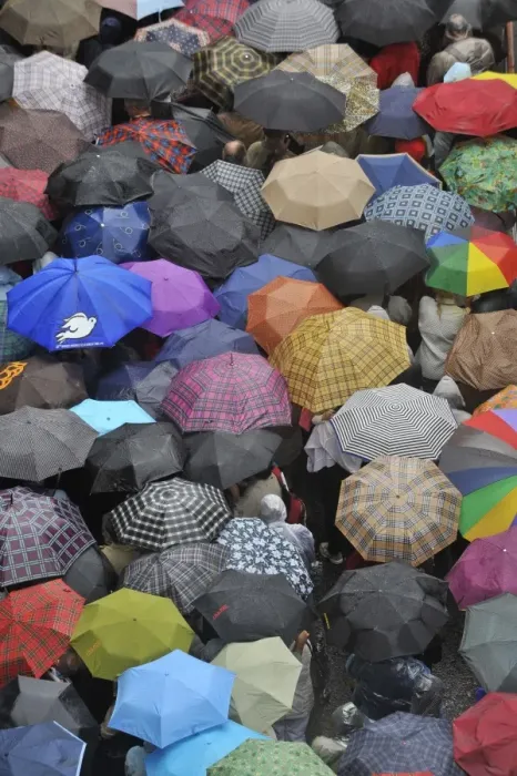 Framed Print : Pilgrims waiting in the rain for Pope Benedict XVI at Lourdes, Hautes Pyrenees Framed Print : Pilgrims waiting in the rain for Pope Benedict XVI at Lourdes, Hautes Pyrenees