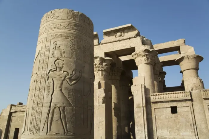 Framed Print : Pillar with bas-relief, Forecourt, Temple of Haroeris and Sobek, Kom Ombo, Egypt