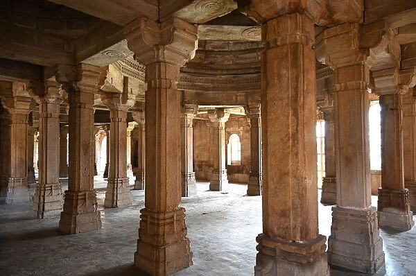 Pillared prayer hall inside 15th century Sahar ki Masjid Mosque