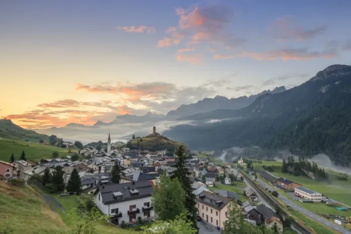 Framed Print : Pink clouds at dawn on the alpine village of Ardez, canton of Graub?nden, district of Inn Framed Print : Pink clouds at dawn on the alpine village of Ardez, canton of Graub?nden, district of Inn