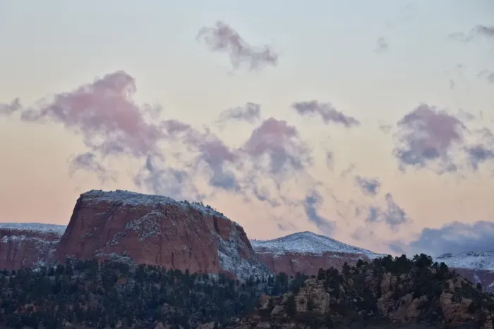 Framed Print : Pink clouds at dawn over sandstone formations covered with a dusting of snow, Zion National Park Framed Print : Pink clouds at dawn over sandstone formations covered with a dusting of snow, Zion National Park