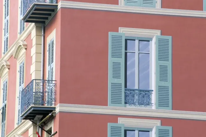 Framed Print : Pink house with trompe l oeil shuttered windows, Menton, Alpes-Maritimes Framed Print : Pink house with trompe l oeil shuttered windows, Menton, Alpes-Maritimes