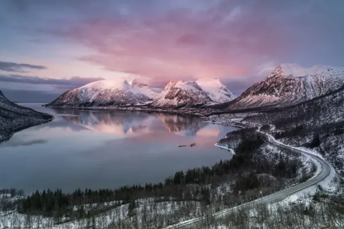 Framed Print : Pink sky and clouds on the snowy peaks reflected in cold sea at sunset, Bergsbotn Framed Print : Pink sky and clouds on the snowy peaks reflected in cold sea at sunset, Bergsbotn