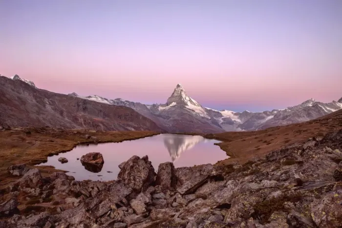 Framed Print : Pink sky at sunrise on the Matterhorn reflected in Stellisee, Zermatt, Canton of Valais Framed Print : Pink sky at sunrise on the Matterhorn reflected in Stellisee, Zermatt, Canton of Valais