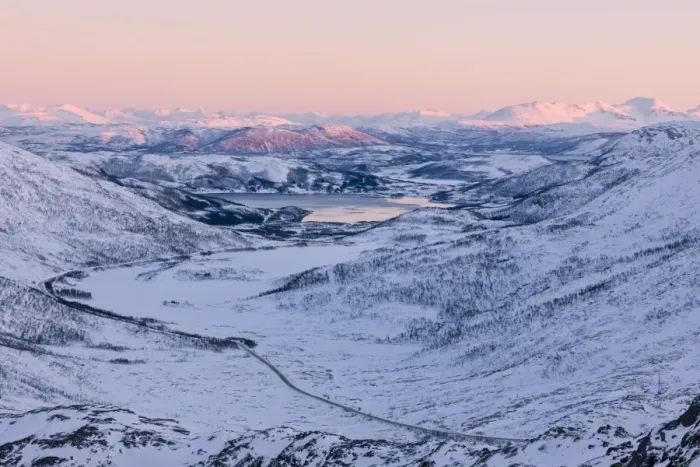 Framed Print : Pink sky at sunset on the snowy landscape and frozen sea surrounding Fjordbotn, Lysnes Framed Print : Pink sky at sunset on the snowy landscape and frozen sea surrounding Fjordbotn, Lysnes