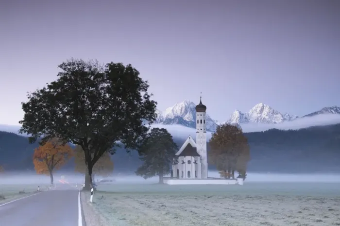 Framed Print : Pink sunrise and mist of autumn on St. Coloman Church framed by snowy peaks, Schwangau Framed Print : Pink sunrise and mist of autumn on St. Coloman Church framed by snowy peaks, Schwangau