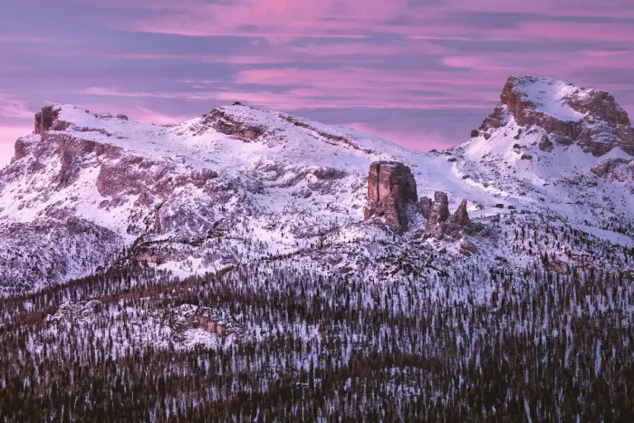 Framed Print : Pink sunrise on Five Towers (Cinque Torri) mountains in winter with snow, Dolomites Framed Print : Pink sunrise on Five Towers (Cinque Torri) mountains in winter with snow, Dolomites