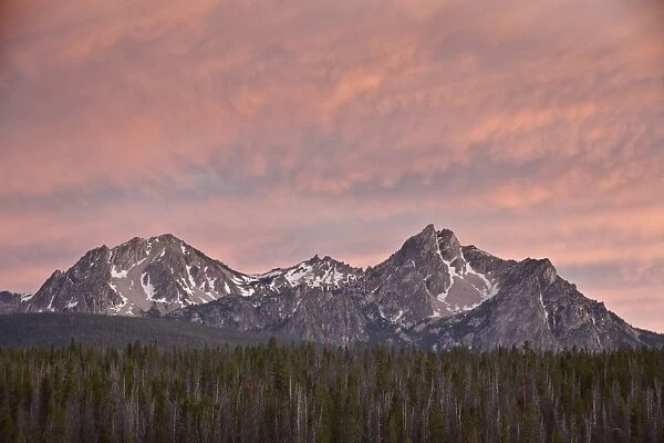 Pink sunset clouds over McGowen Peak on the right and Mt. Regan on the left, in the Sawtooth Range, Sawtooth National Recreation Area, Idaho, United States of America, North America