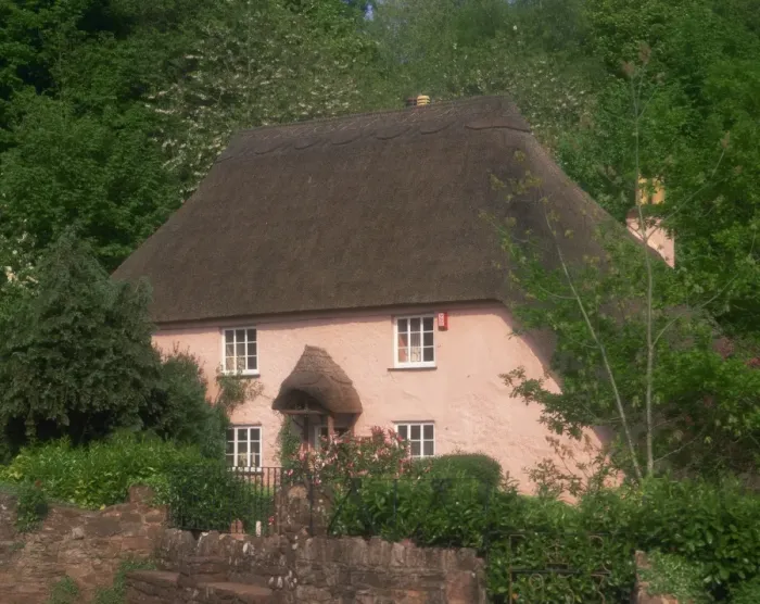 Framed Print : Pink washed thatched cottage at Widecombe, near Torquay, Devon, England Framed Print : Pink washed thatched cottage at Widecombe, near Torquay, Devon, England