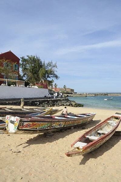 Pirogues (fishing boats) on beach, Goree Island, near Dakar, Senegal, West Africa, Africa