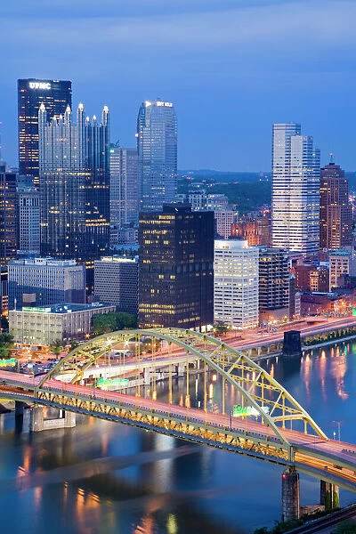 Pittsburgh skyline and Fort Pitt Bridge over the Monongahela River, Pittsburgh