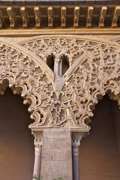 Detail of plaster decor in the garden gallery dating from the 15th century, St. Isabel courtyard, the Aljaferia Palace, Saragossa (Zaragoza), Aragon, Spain, Europe