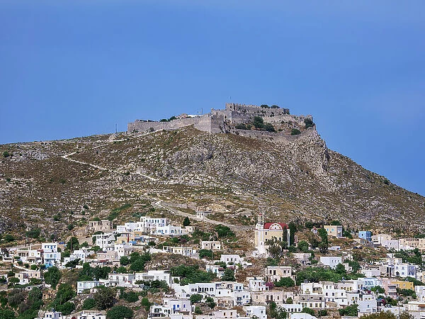 Platanos and Medieval Castle of Pandeli, elevated view, Agia Marina, Leros Island, Dodecanese, Greek Islands, Greece, Europe