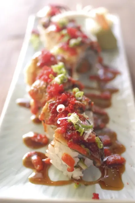 Framed Print : Plate of sushi rolls with hot sauce Framed Print : Plate of sushi rolls with hot sauce
