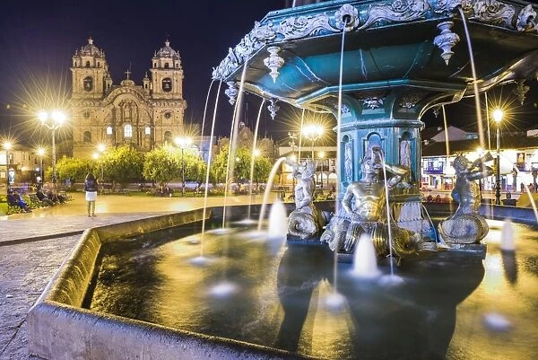 Plaza de Armas Fountain and Church of the Society of Jesus at night, UNESCO World Heritage Site