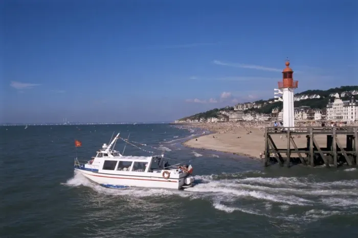 Framed Print : Pleasure boat and lighthouse, Trouville, Basse Normandie (Normandy), France, Europe Framed Print : Pleasure boat and lighthouse, Trouville, Basse Normandie (Normandy), France, Europe