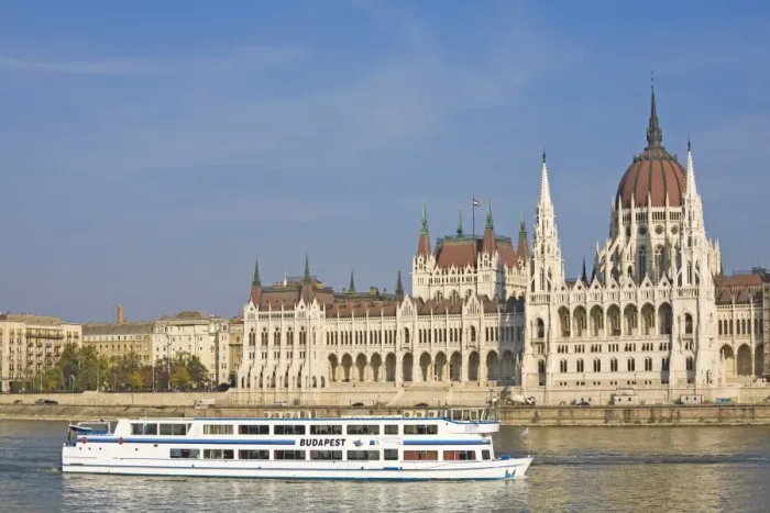 Framed Print : Pleasure boat on River Danube in front of Parliament building, Budapest, Hungary, Europe