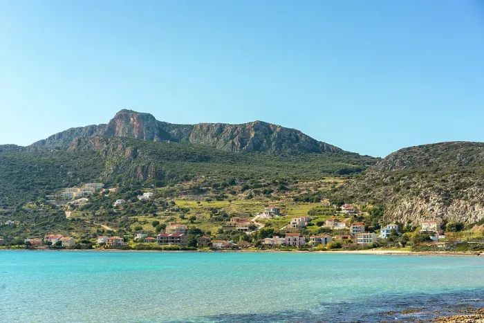 Framed Print : Plitra beach with turquoise water in Karavostasi in the south of Greece, Peloponnese, Greece Framed Print : Plitra beach with turquoise water in Karavostasi in the south of Greece, Peloponnese, Greece
