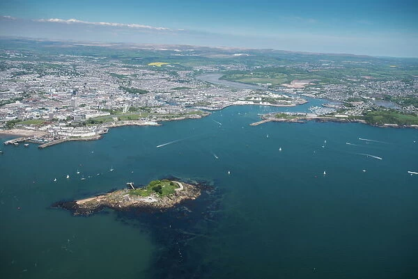 Plymouth with Drakes Island in foreground, Devon, England, United Kingdom, Europe