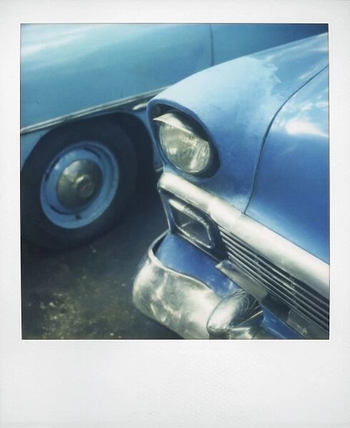 Polaroid of classic blue American car, Havana, Cuba, West Indies, Central America