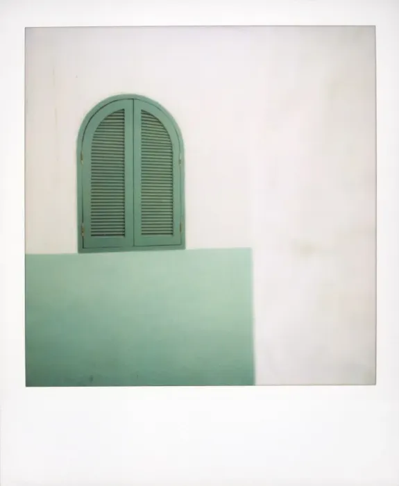 Framed Print : Polaroid of green painted window shutters against whitewashed wall Framed Print : Polaroid of green painted window shutters against whitewashed wall
