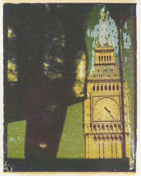 Polaroid Image Transfer of Big Ben framed by statue of Sir Wiilliam Churchill