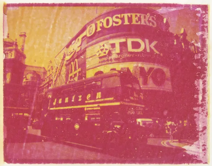 Framed Print : Polaroid Image Transfer of Piccadilly Circus with red double decker bus Framed Print : Polaroid Image Transfer of Piccadilly Circus with red double decker bus