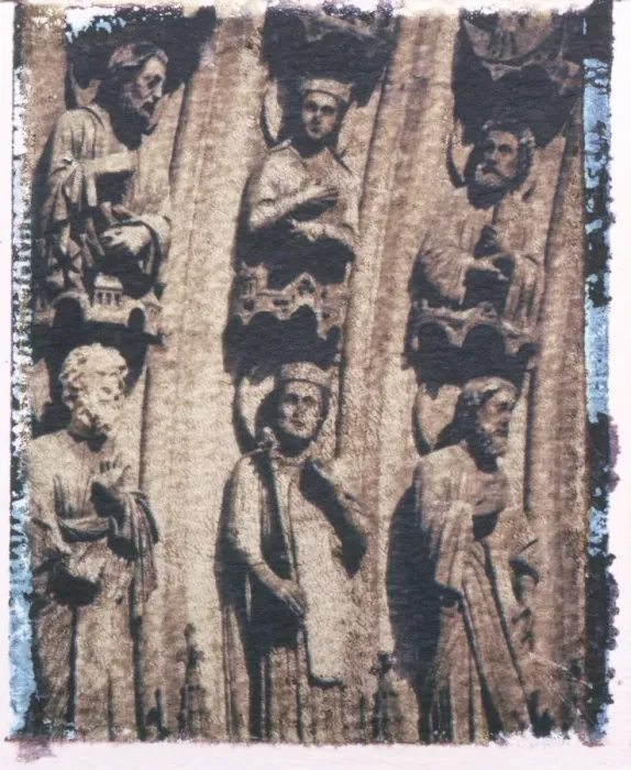 Framed Print : Polaroid Image Transfer of stone carvings on Cathedral of Notre Dame, Paris