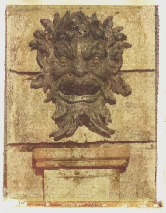 Framed Print : Polaroid Image Transfer of water fountain in form of cast bronze face, England Framed Print : Polaroid Image Transfer of water fountain in form of cast bronze face, England