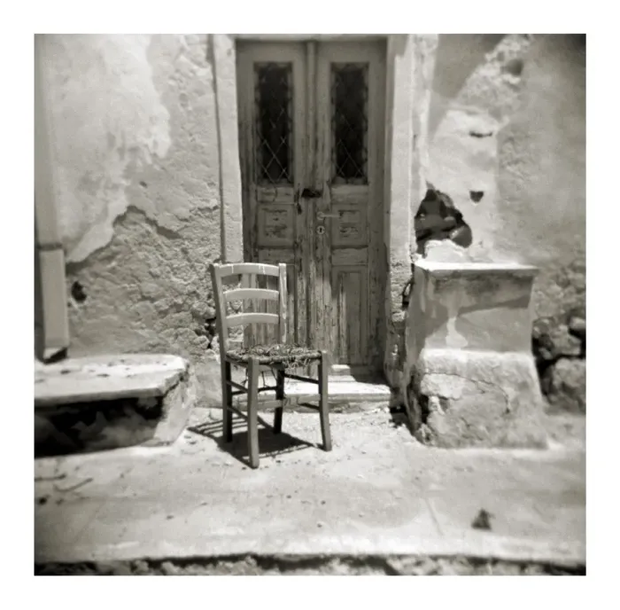 Framed Print : Polaroid of old chair outside building damaged by earthquake Framed Print : Polaroid of old chair outside building damaged by earthquake