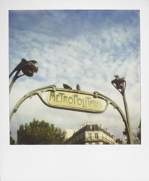 Polaroid of two pigeons sitting on sign outside Paris Metro, Paris, France, Europe