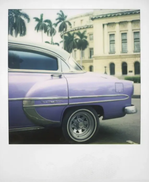 Framed Print : Polaroid of profile of purple classic American car outside the Capitolio Framed Print : Polaroid of profile of purple classic American car outside the Capitolio
