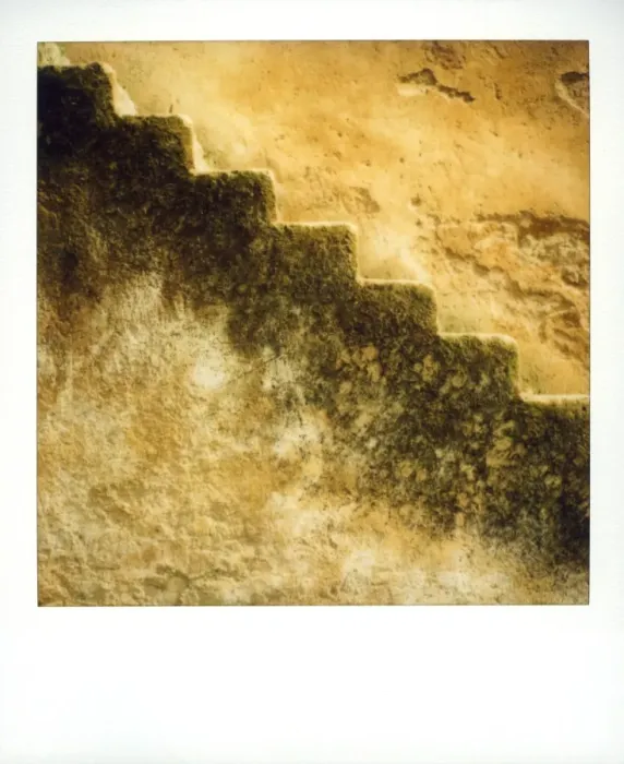 Framed Print : Polaroid of stone stairs against old stone wall glowing Framed Print : Polaroid of stone stairs against old stone wall glowing